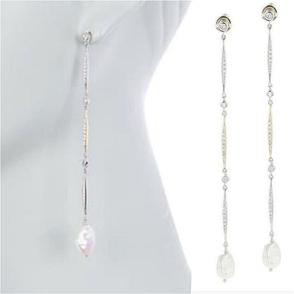 Carolee River Freshwater Pearl Linear Cubic Zirconia Drop Earrings - Picture 1 of 7